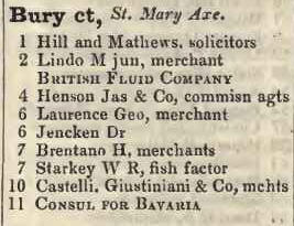 Bury court, St Mary Axe 1842 Robsons street directory