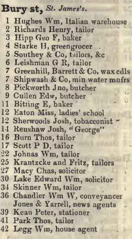 Bury street, St James's 1842 Robsons street directory