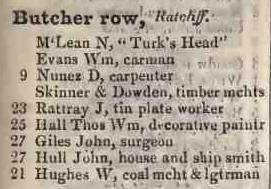 Butcher row, Ratcliff 1842 Robsons street directory