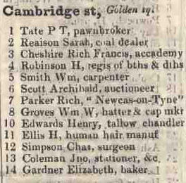 Cambridge street, Golden square 1842 Robsons street directory