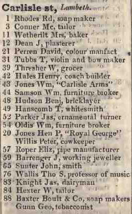 Carlisle street, Lambeth 1842 Robsons street directory