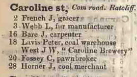Caroline street, Commercial road, Ratcliff 1842 Robsons street directory