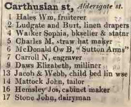 Carthusian street, Aldersgate street 1842 Robsons street directory