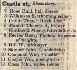 Castle street, Bloomsbury 1842 Robsons street directory