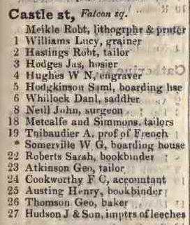 Castle street, Falcon square 1842 Robsons street directory