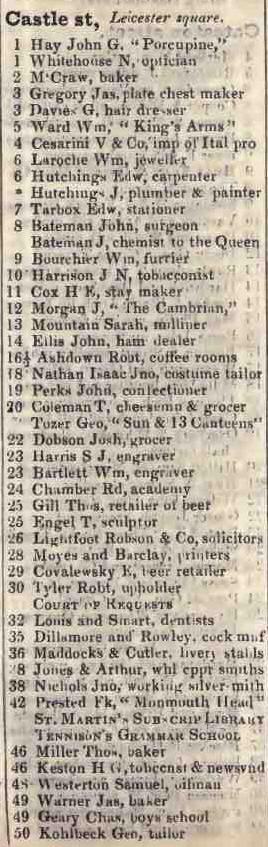 1 - 50 Castle street, Leicester square 1842 Robsons street directory