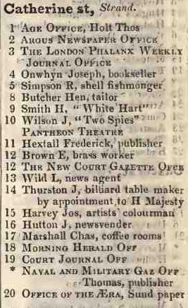 Catherine street, Strand 1842 Robsons street directory