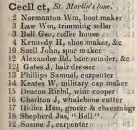 Cecil court, St Martins lane 1842 Robsons street directory