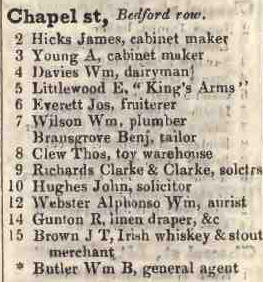 Chapel street, Bedford row 1842 Robsons street directory