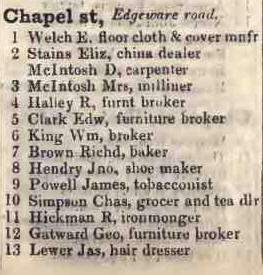 1 - 13 Chapel street, Edgeware road 1842 sons street directory