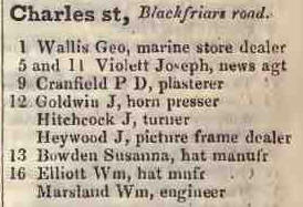 Charles street, Blackfriars road 1842 Robsons street directory