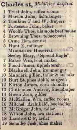 1 - 19 Charles street, Middlesex Hospital 1842 Robsons street directory