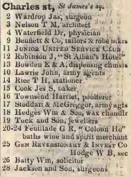 Charles street, St James's square 1842 Robsons street directory