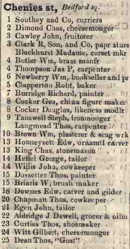 Chenies street, Bedford square 1842 Robsons street directory