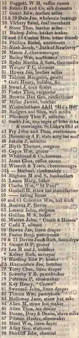 15 - 90 Chiswell street, Finsbury 1842 Robsons street directory