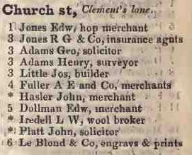 Church street, Clements lane 1842 Robsons street directory