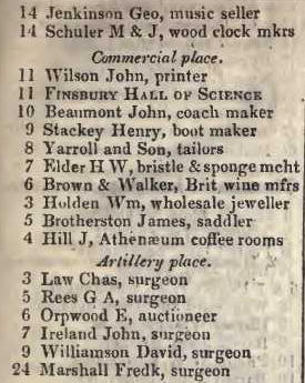 to Artillery place, City road 1842 Robsons street directory