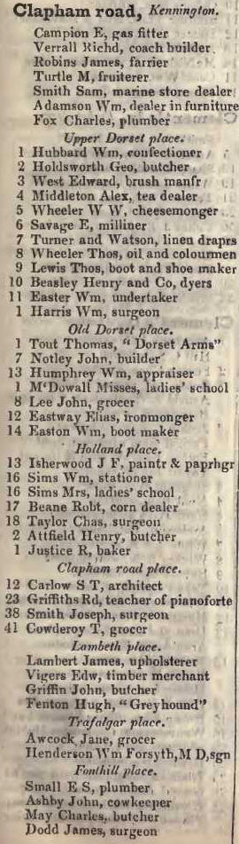 to Fonthill place, Clapham road 1842 Robsons street directory