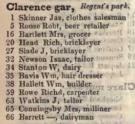 Clarence garden, Regents Park 1842 Robsons street directory