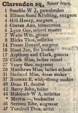 Clarendon square, Somers town 1842 Robsons street directory