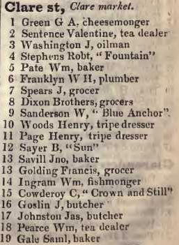 1 - 19 Clare street, Clare market 1842 Robsons street directory