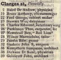 Clarges street, Piccadilly 1842 Robsons street directory