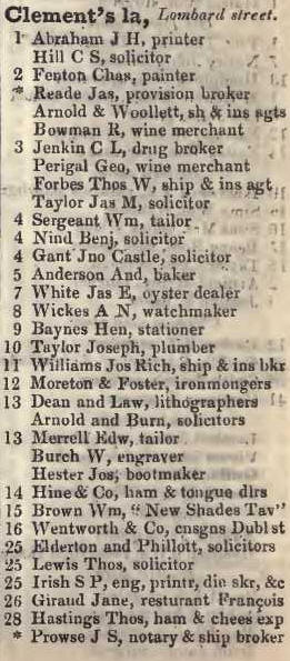 1 - 28 Clements lane, Lombard street 1842 Robsons street directory