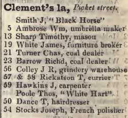 Clements lane, Picket street 1842 Robsons street directory