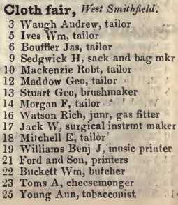 3 - 25 Cloth Fair, West Smithfield 1842 Robsons street directory