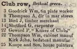 Club Row, Bethnal green 1842 Robsons street directory