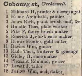 1 - 18 Cobourg street, Clerkenwell 1842 Robsons street directory