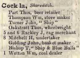 Cock lane, Shoreditch 1842 Robsons street directory