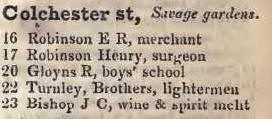 Colchester street, Savage gardens 1842 Robsons street directory
