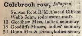 Colebrook row, Islington 1842 Robsons street directory