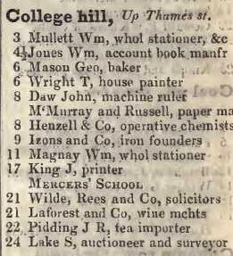 College hill, Upper Thames street 1842 Robsons street directory