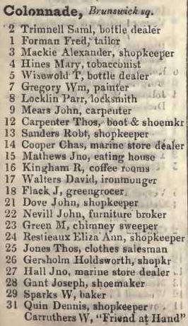 1 - 31 Colonnade, Brunswick square 1842 Robsons street directory