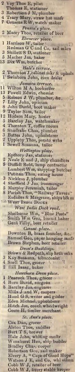 to St Anns place, Commercial road, Limehouse 1842 Robsons street directory