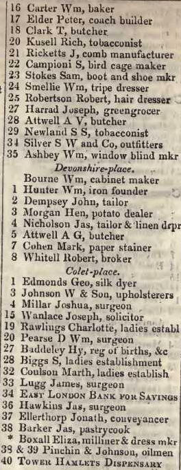 to Colet place, Commercial road, Whitechapel 1842 Robsons street directory