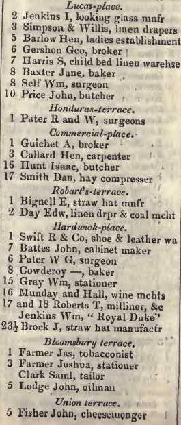 to Union terrace, Commercial road, Whitechapel 1842 Robsons street directory