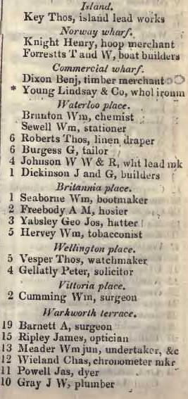 to Warkworth terrace, Commercial road, Whitechapel 1842 Robsons street directory