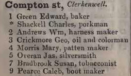 1 - 9 Compton street, Clerkenwell 1842 Robsons street directory