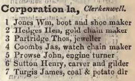 Corporation lane, Clerkenwell 1842 Robsons street directory
