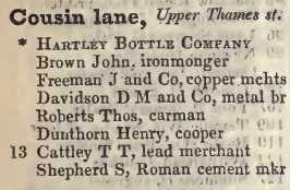 Cousin lane, Upper Thames street 1842 Robsons street directory