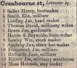 1 - 14 Cranbourn street, Leicester square 1842 Robsons street directory