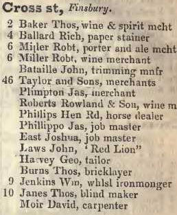 Cross street, Finsbury 1842 Robsons street directory