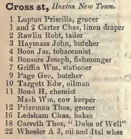 Cross street, Hoxton New town 1842 Robsons street directory