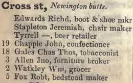 to 5 Cross street, Newington butts 1842 Robsons street directory