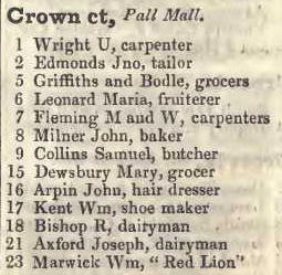 Crown court, Pall Mall 1842 Robsons street directory