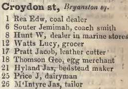 Croydon street, Bryanston square 1842 Robsons street directory