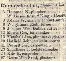 Cumberland street, Middlesex hospital 1842 Robsons street directory